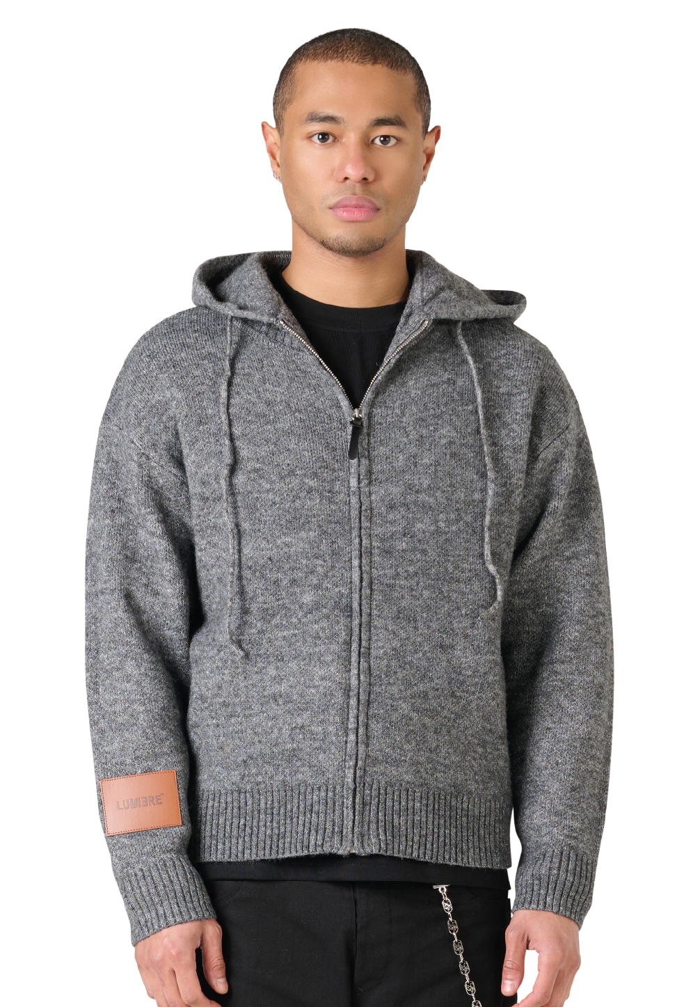 Leather Patch Knitted Hooded Sweater Black-Grey – Lumi3re
