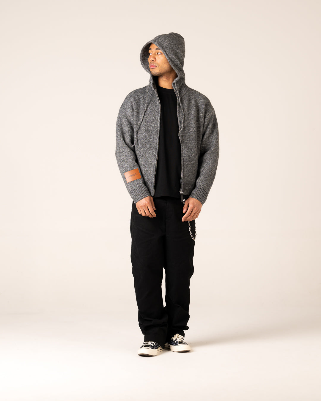 Leather Patch Knitted Hooded Sweater Black-Grey – Lumi3re