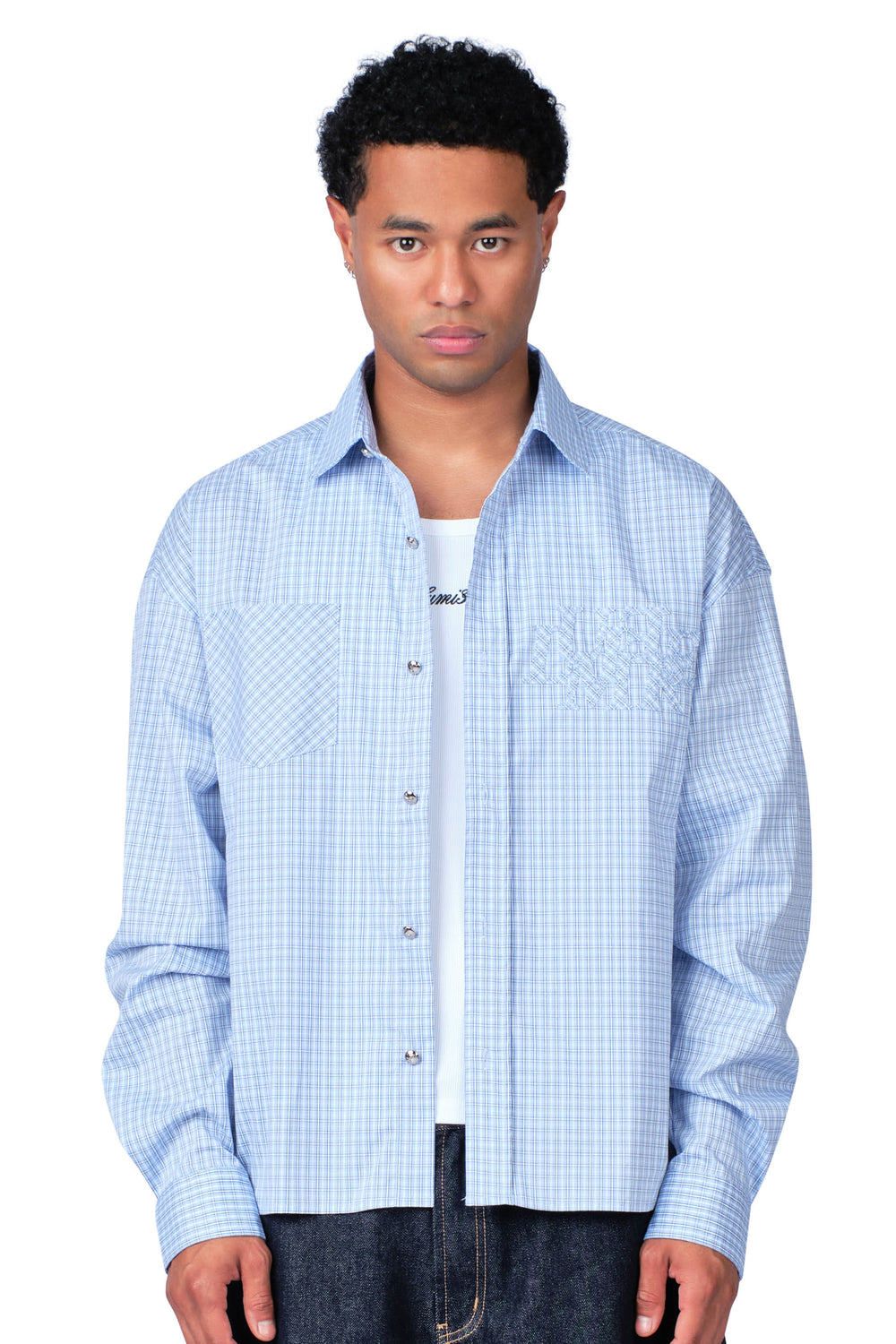 Metal Button Plaid Shirt Baby Blue