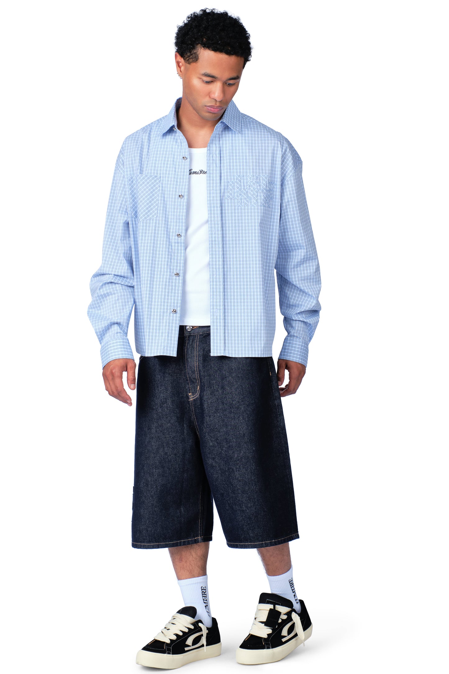 Metal Button Plaid Shirt Baby Blue