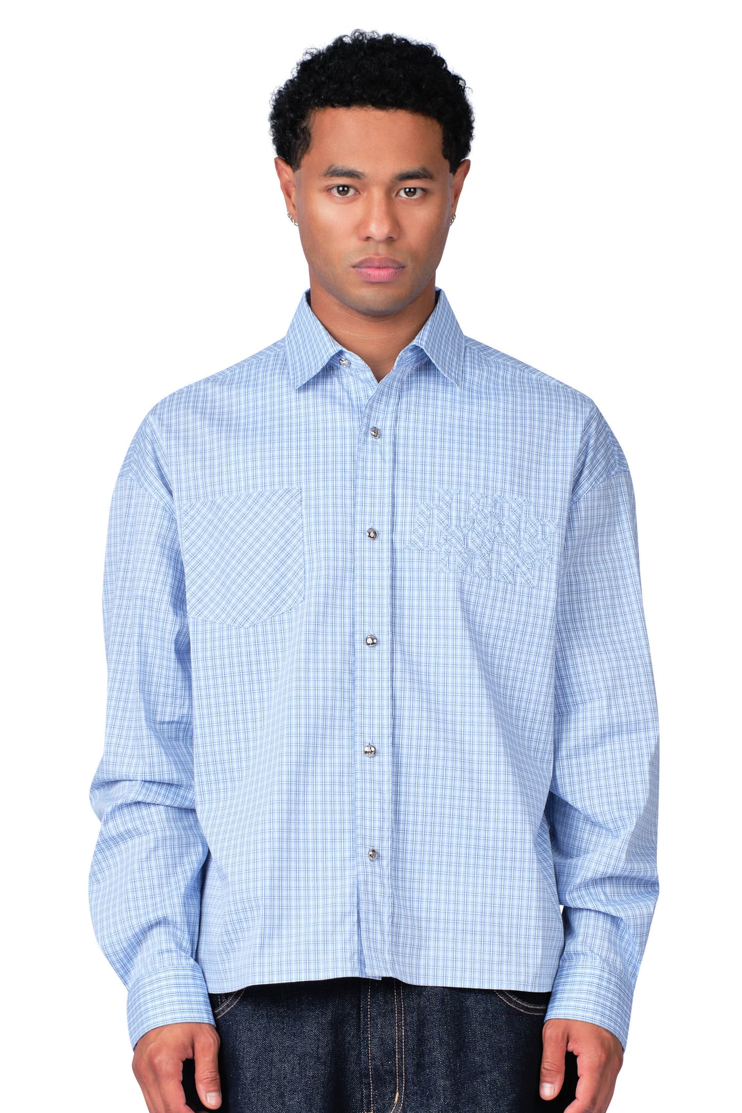 Metal Button Plaid Shirt Baby Blue