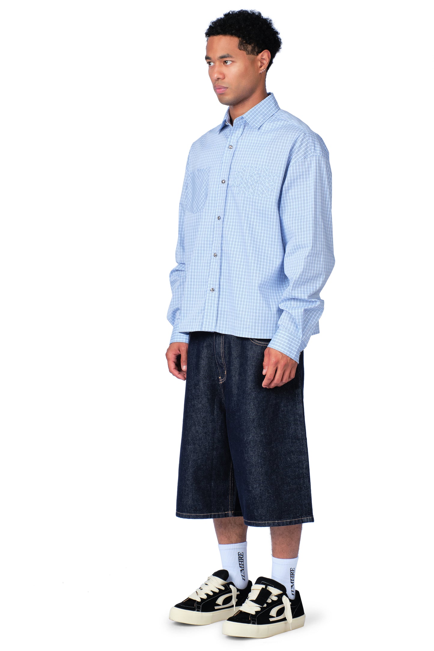 Metal Button Plaid Shirt Baby Blue