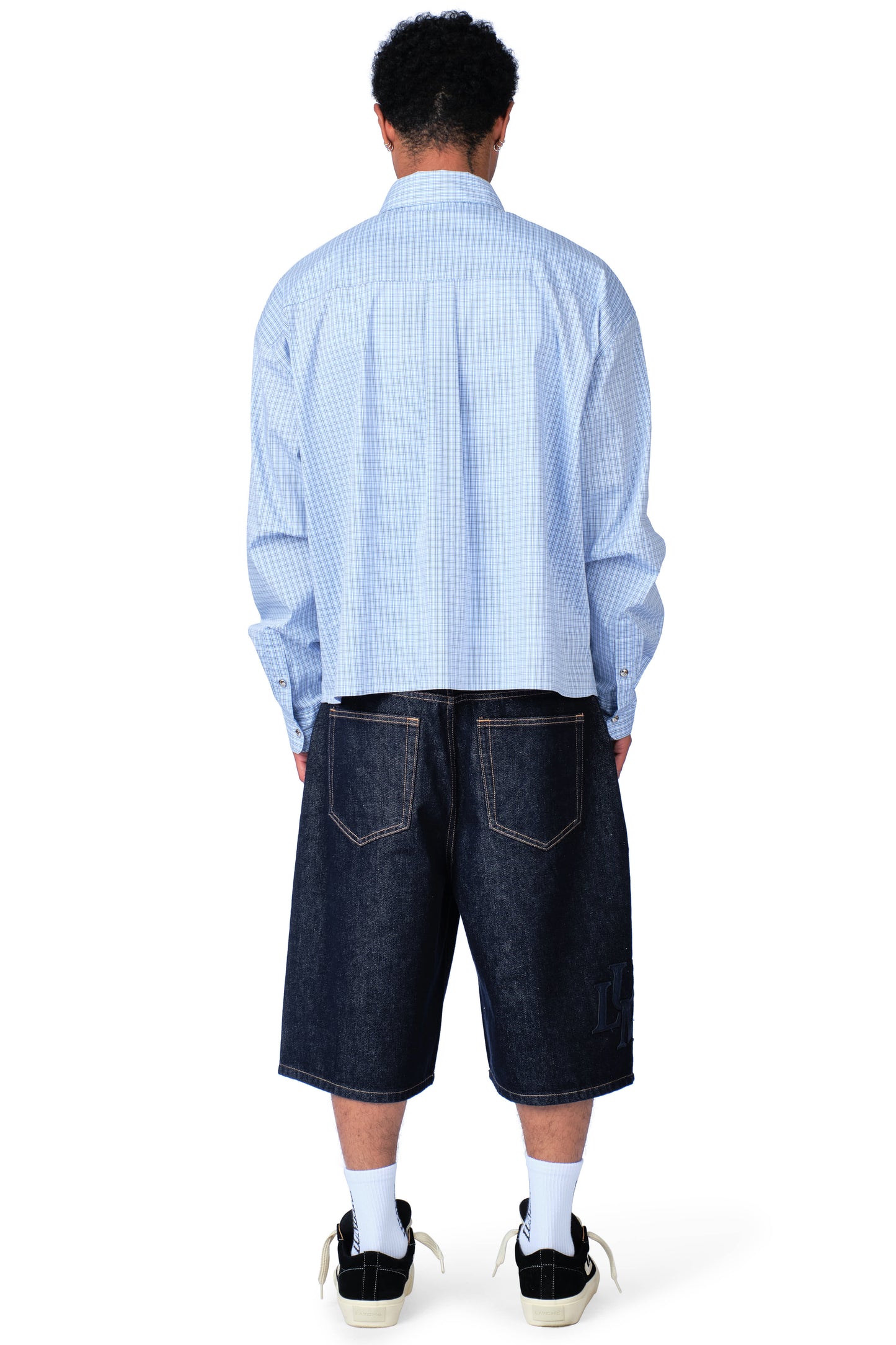Metal Button Plaid Shirt Baby Blue
