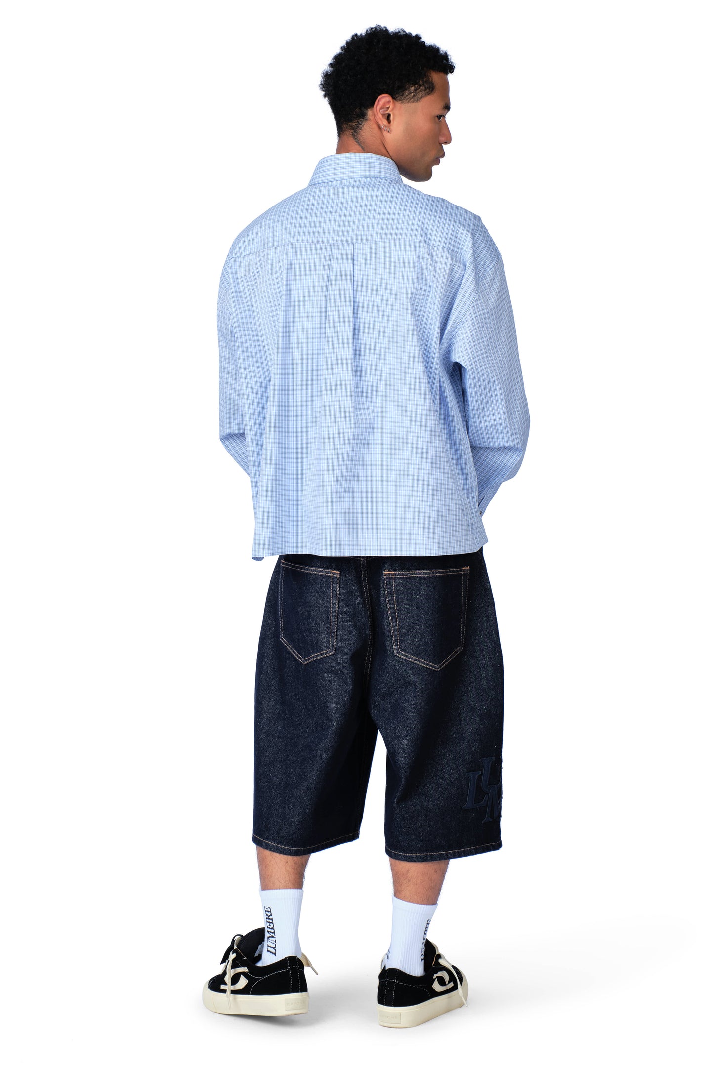 Metal Button Plaid Shirt Baby Blue