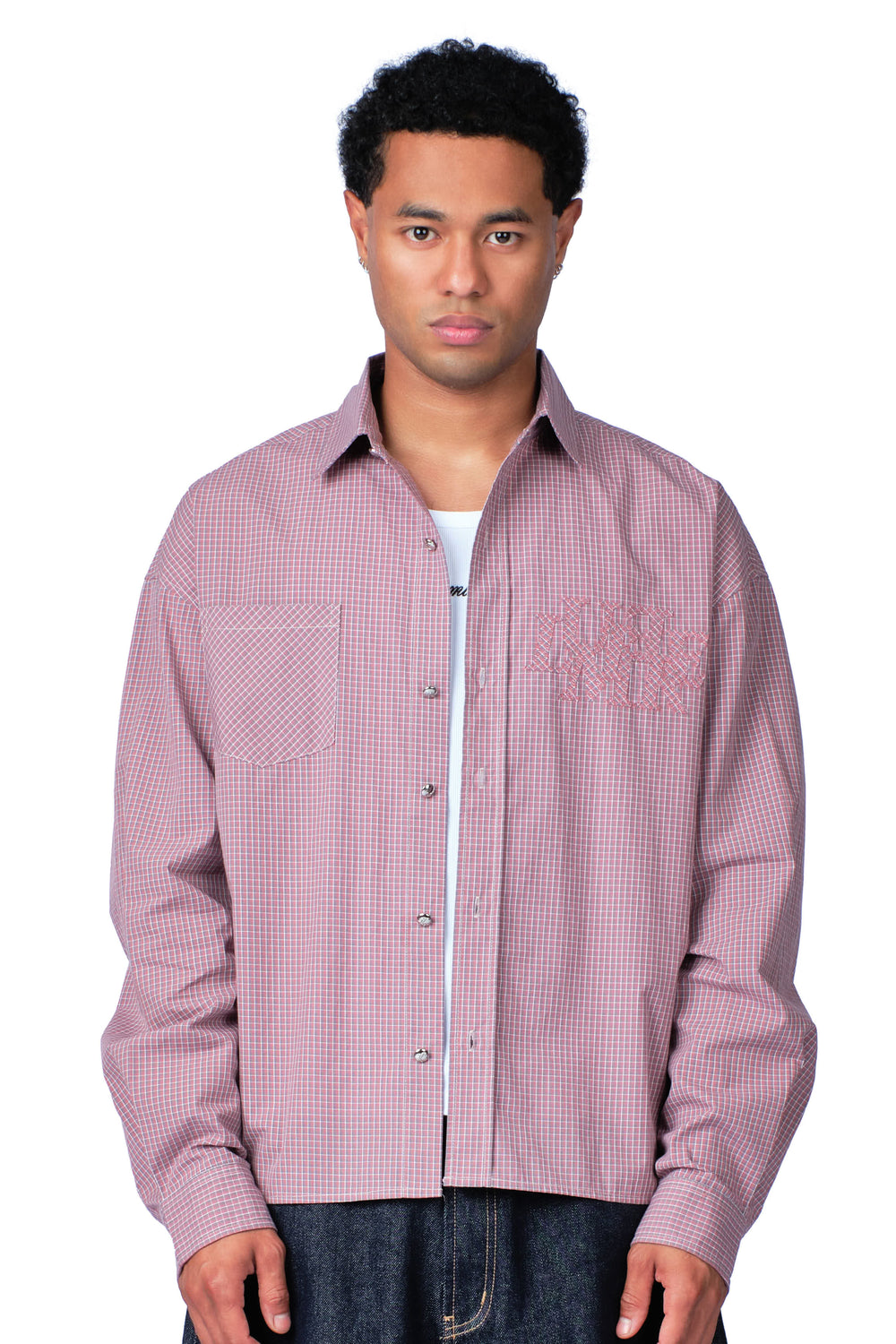 Metal Button Plaid Shirt Pink