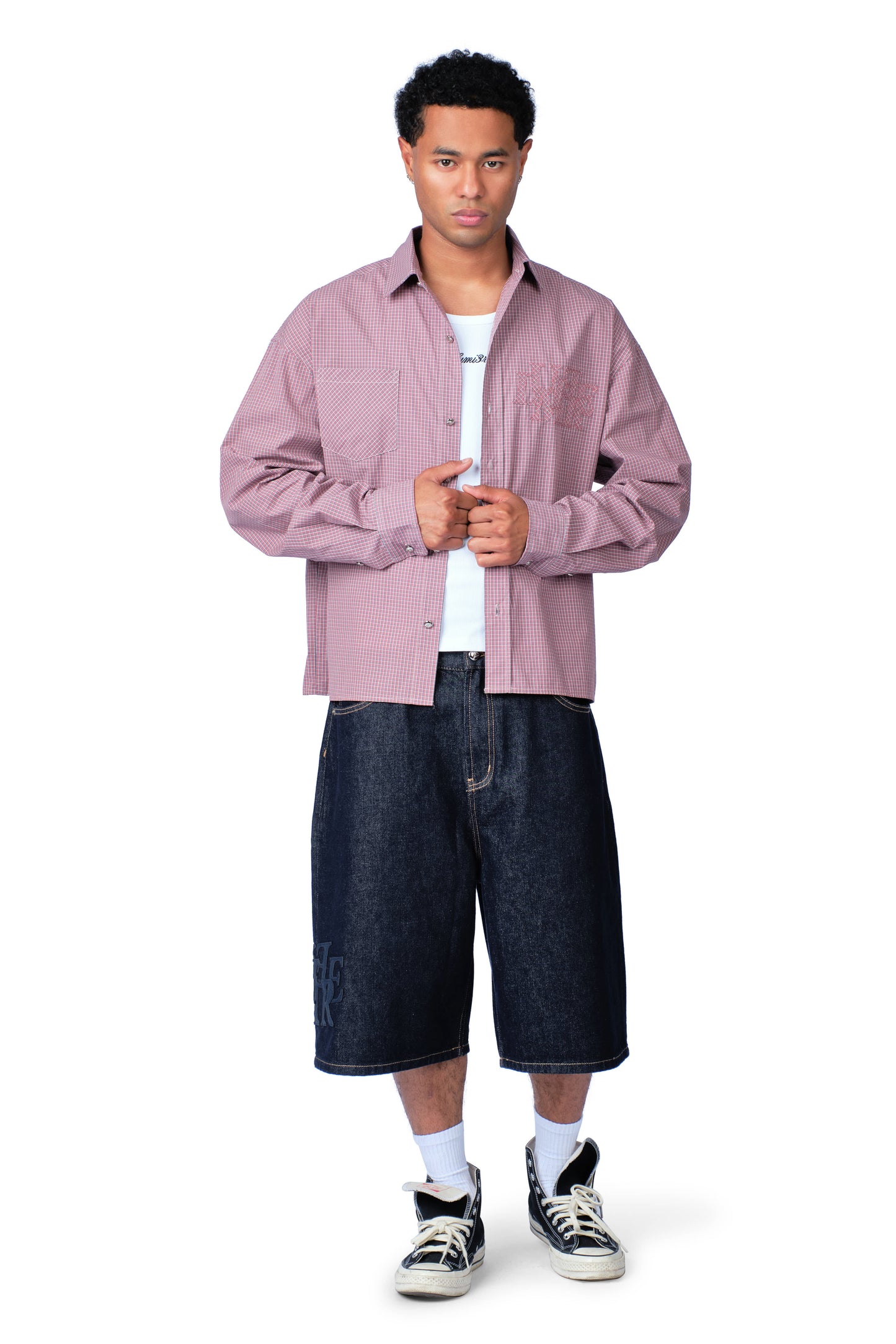 Metal Button Plaid Shirt Pink