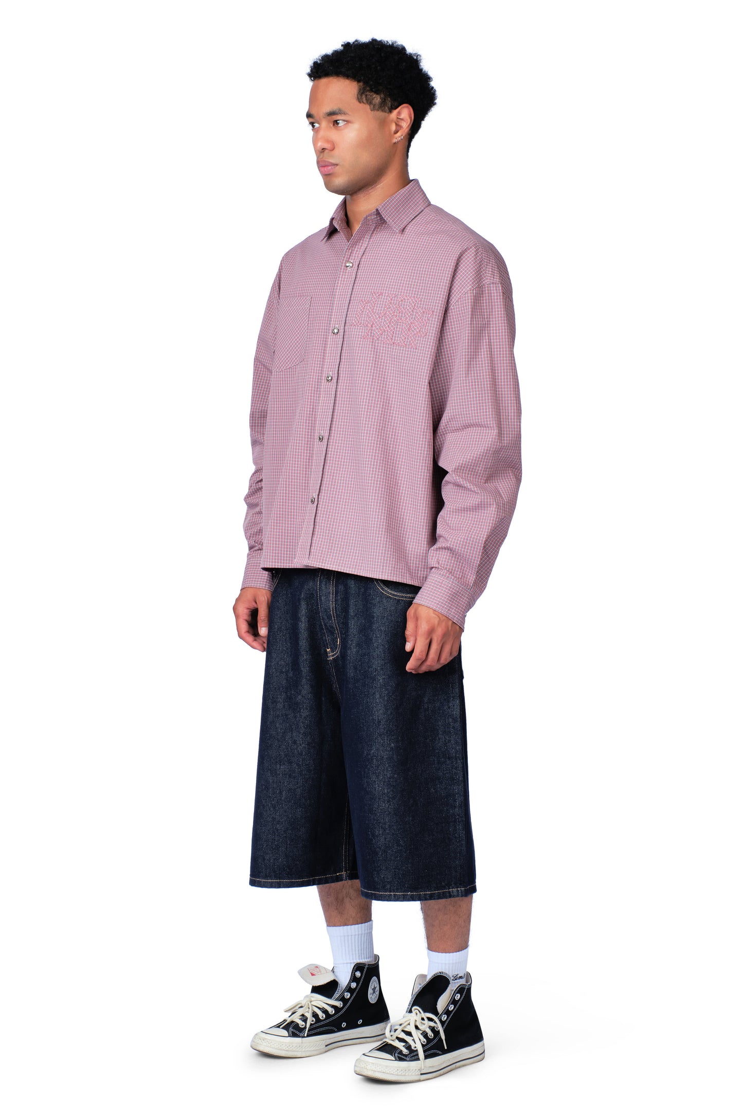 Metal Button Plaid Shirt Pink