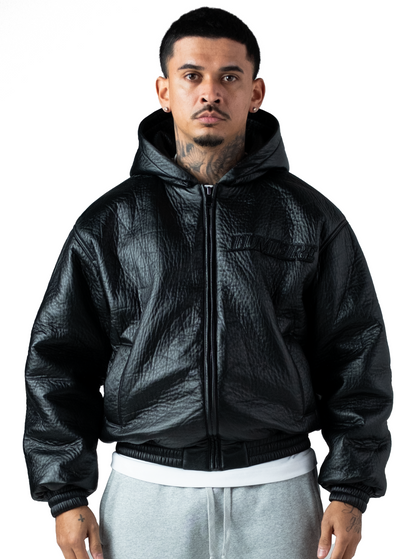 Black Puffed Leather Bomber Hooded Jacket