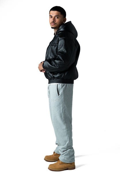 Black Puffed Leather Bomber Hooded Jacket