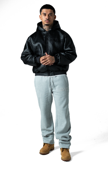 Black Puffed Leather Bomber Hooded Jacket