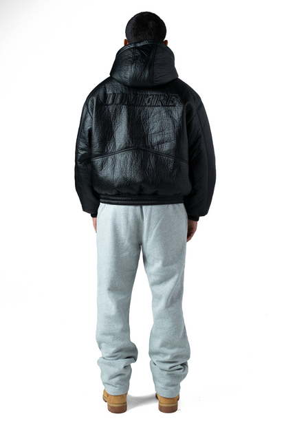 Black Puffed Leather Bomber Hooded Jacket