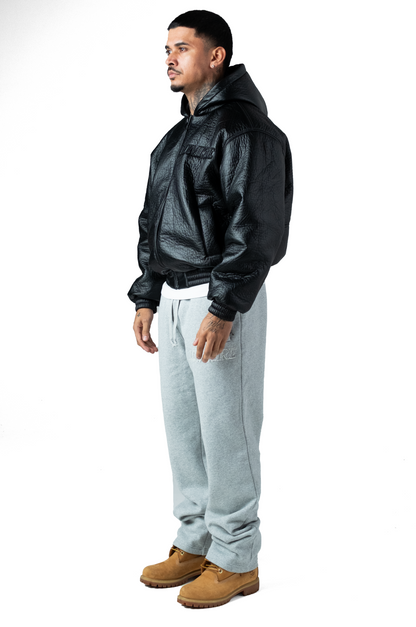 Black Puffed Leather Bomber Hooded Jacket