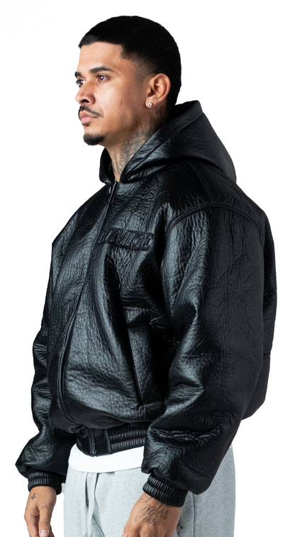 Black Puffed Leather Bomber Hooded Jacket