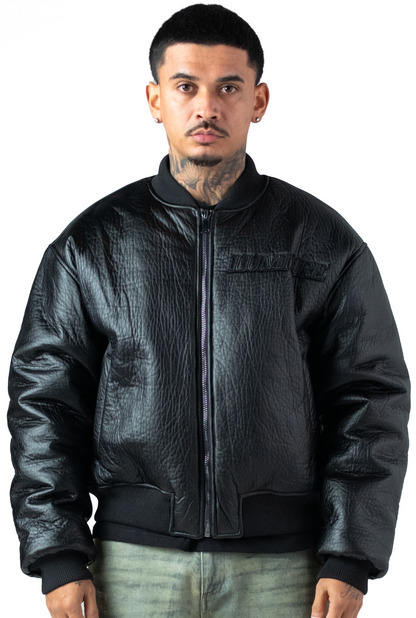 Black Puffed Leather Bomber Jacket
