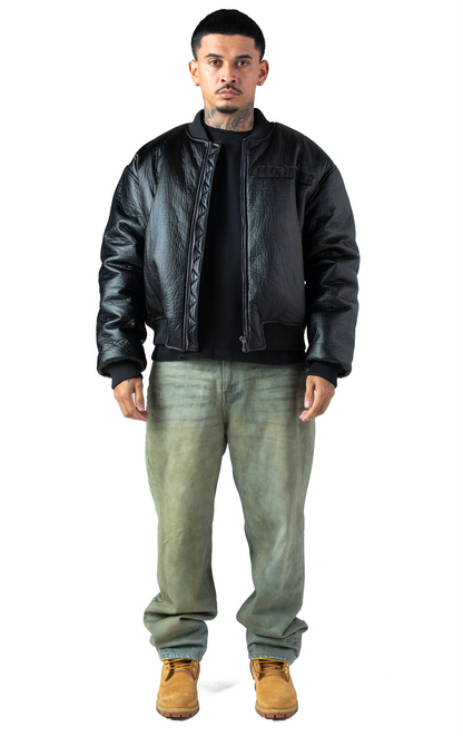 Black Puffed Leather Bomber Jacket