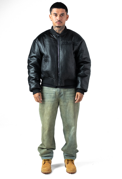 Black Puffed Leather Bomber Jacket