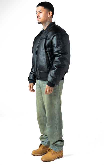 Black Puffed Leather Bomber Jacket