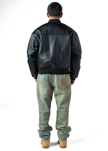 Black Puffed Leather Bomber Jacket