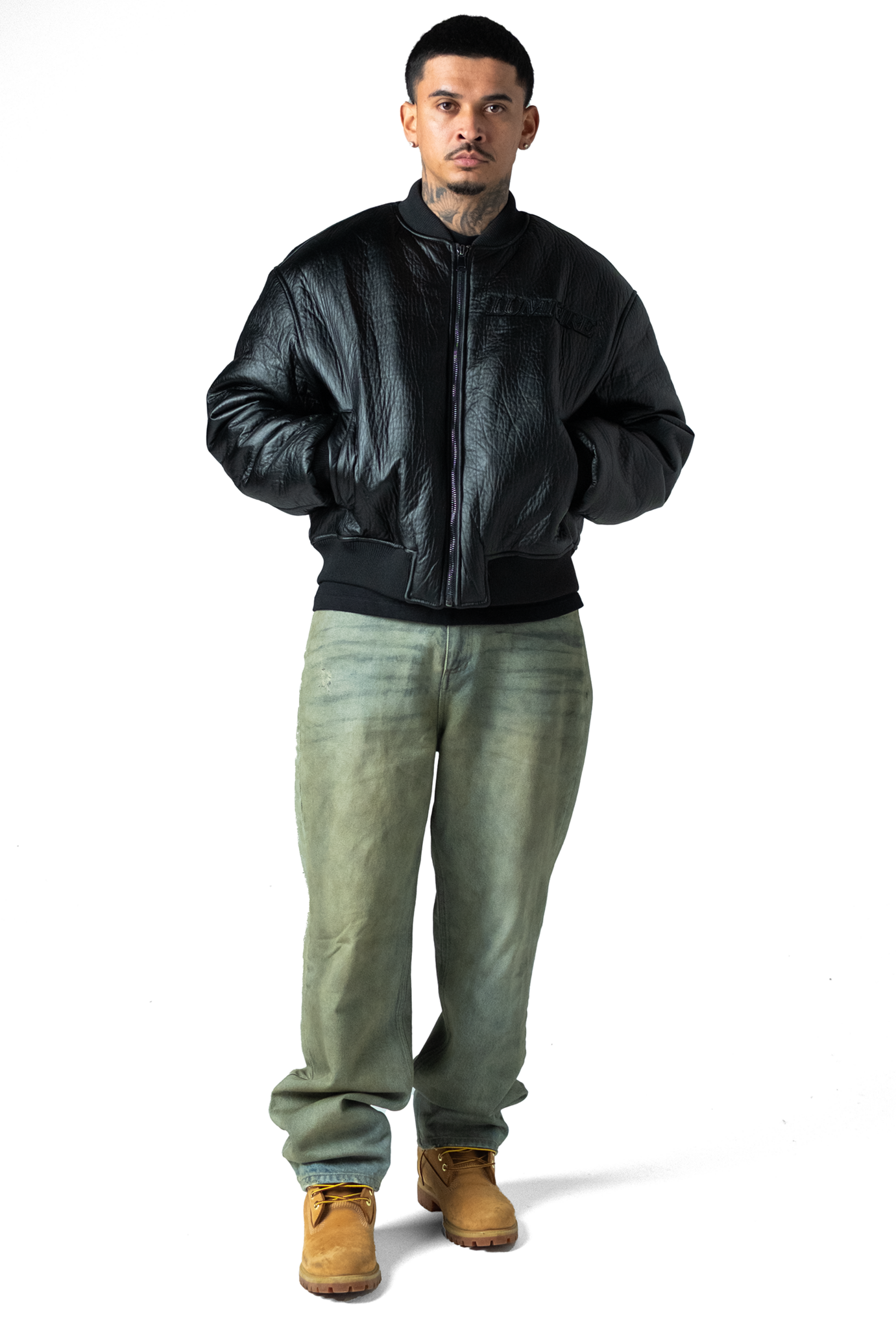 Black Puffed Leather Bomber Jacket