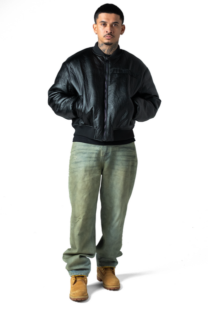 Black Puffed Leather Bomber Jacket