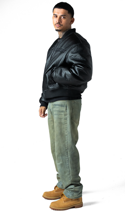 Black Puffed Leather Bomber Jacket
