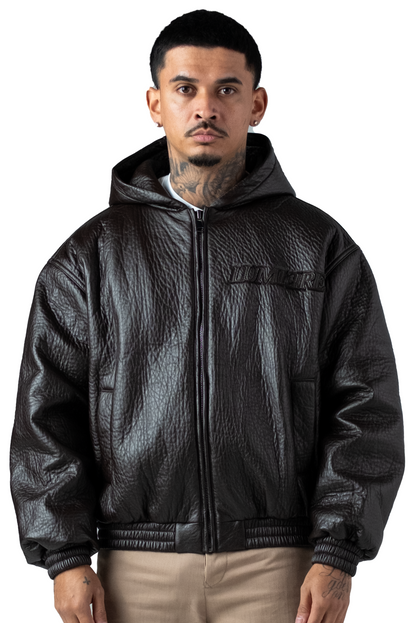 Brown Puffed Leather Bomber Hooded Jacket