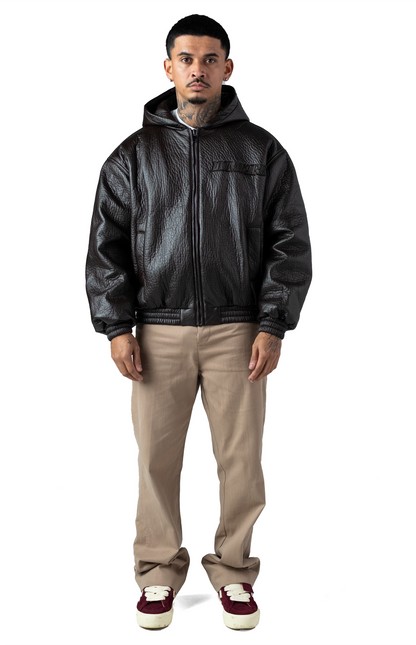 Brown Puffed Leather Bomber Hooded Jacket