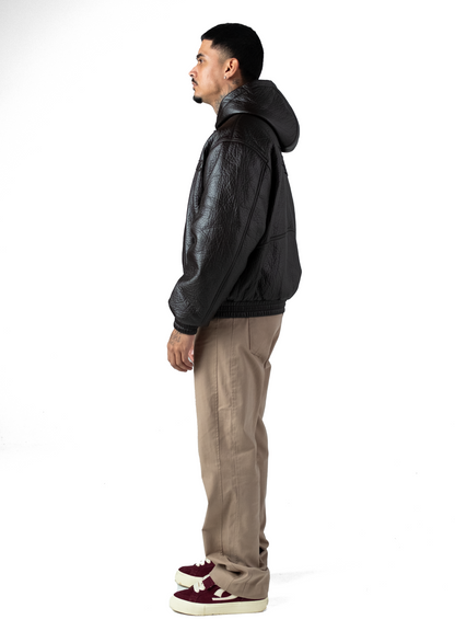 Brown Puffed Leather Bomber Hooded Jacket