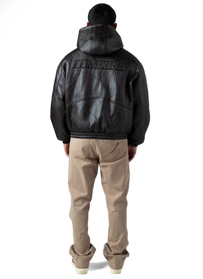 Brown Puffed Leather Bomber Hooded Jacket