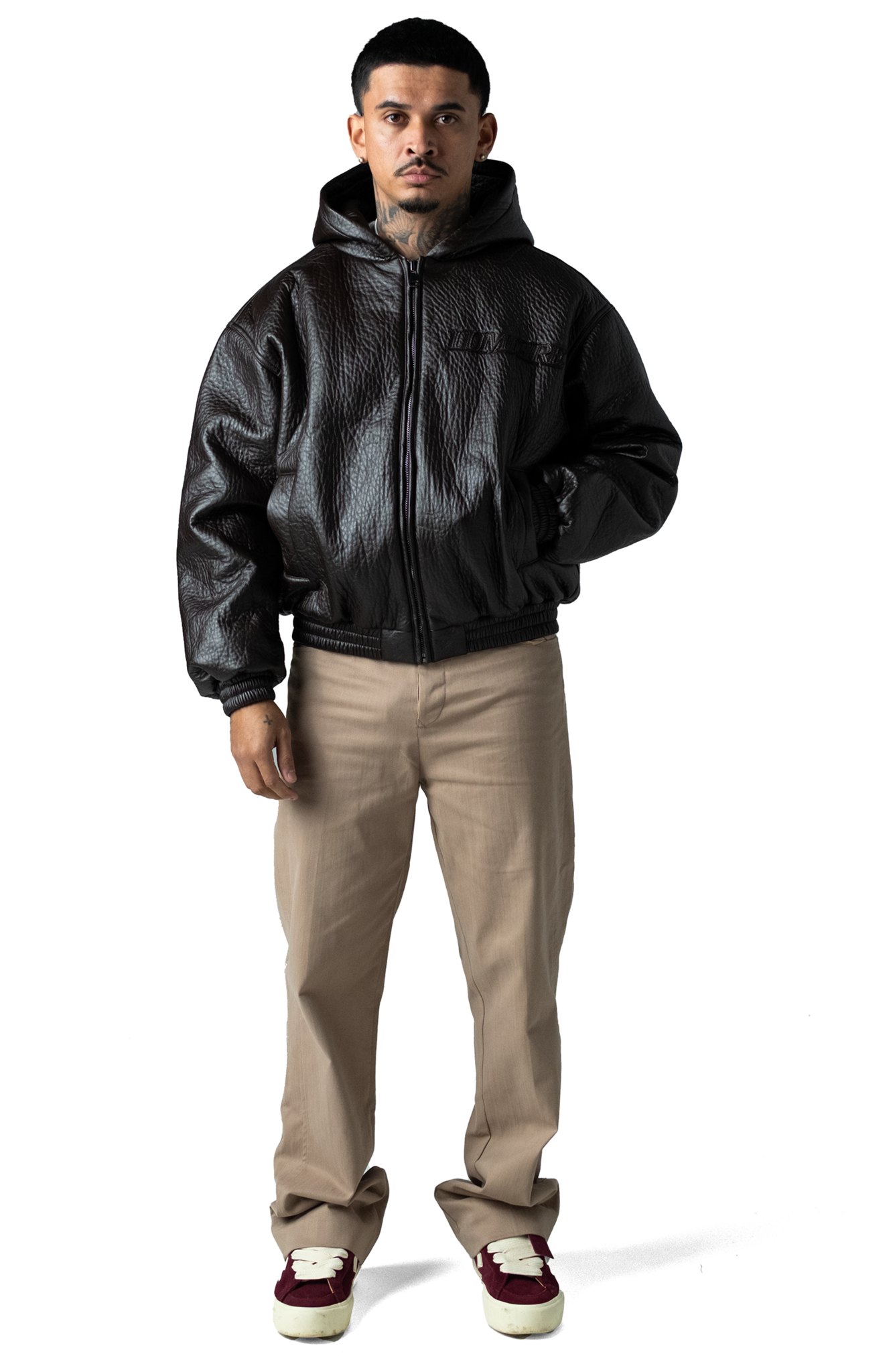 Brown Puffed Leather Bomber Hooded Jacket