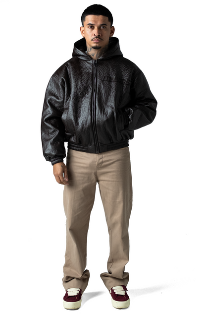 Brown Puffed Leather Bomber Hooded Jacket