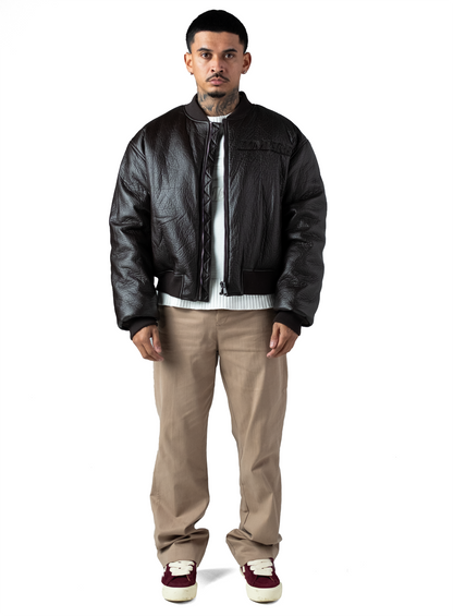 Brown Puffed Leather Bomber Jacket