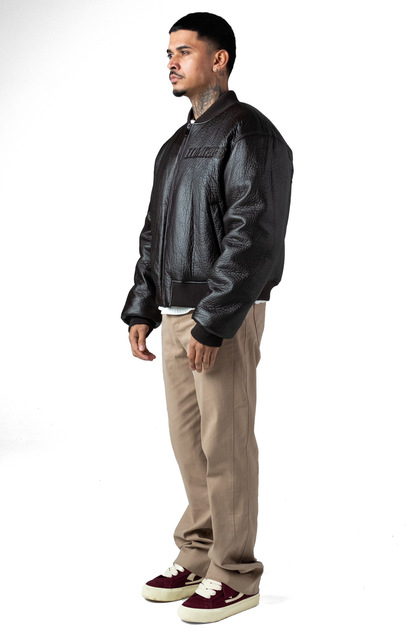 Brown Puffed Leather Bomber Jacket