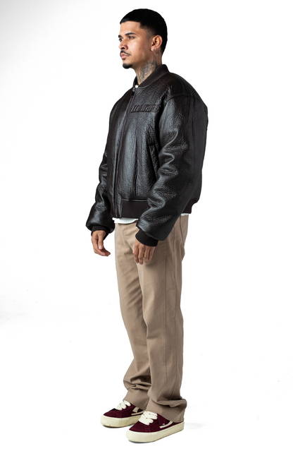 Brown Puffed Leather Bomber Jacket