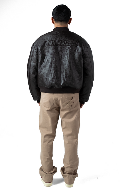 Brown Puffed Leather Bomber Jacket