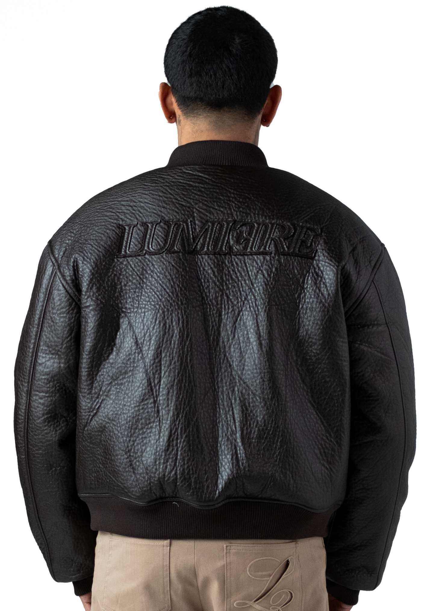 Brown Puffed Leather Bomber Jacket