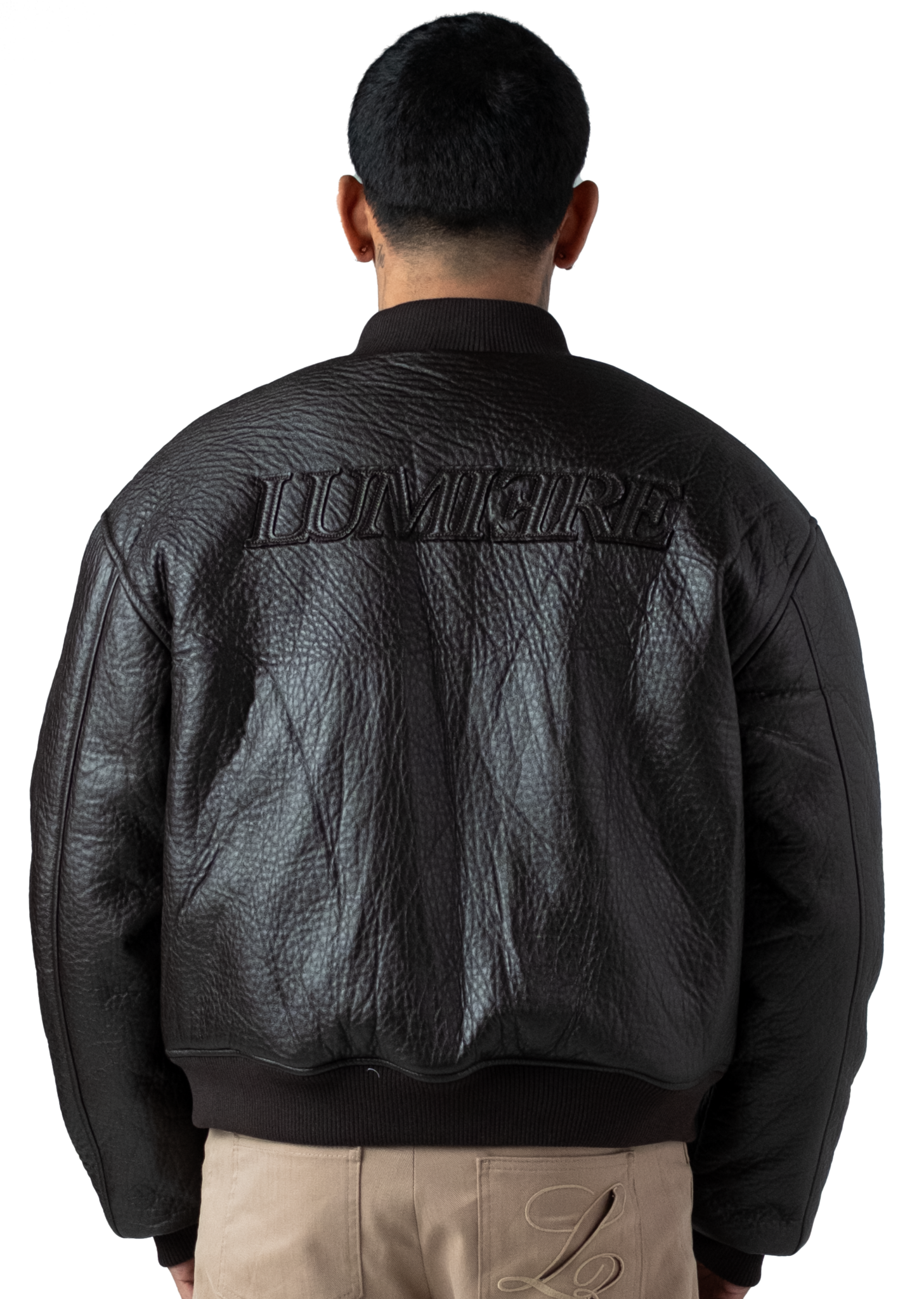 Brown Puffed Leather Bomber Jacket