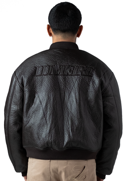 Brown Puffed Leather Bomber Jacket