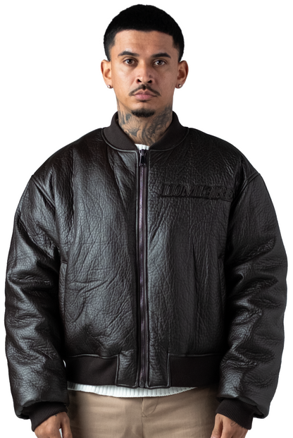 Brown Puffed Leather Bomber Jacket