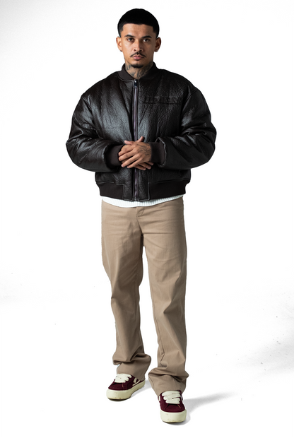 Brown Puffed Leather Bomber Jacket