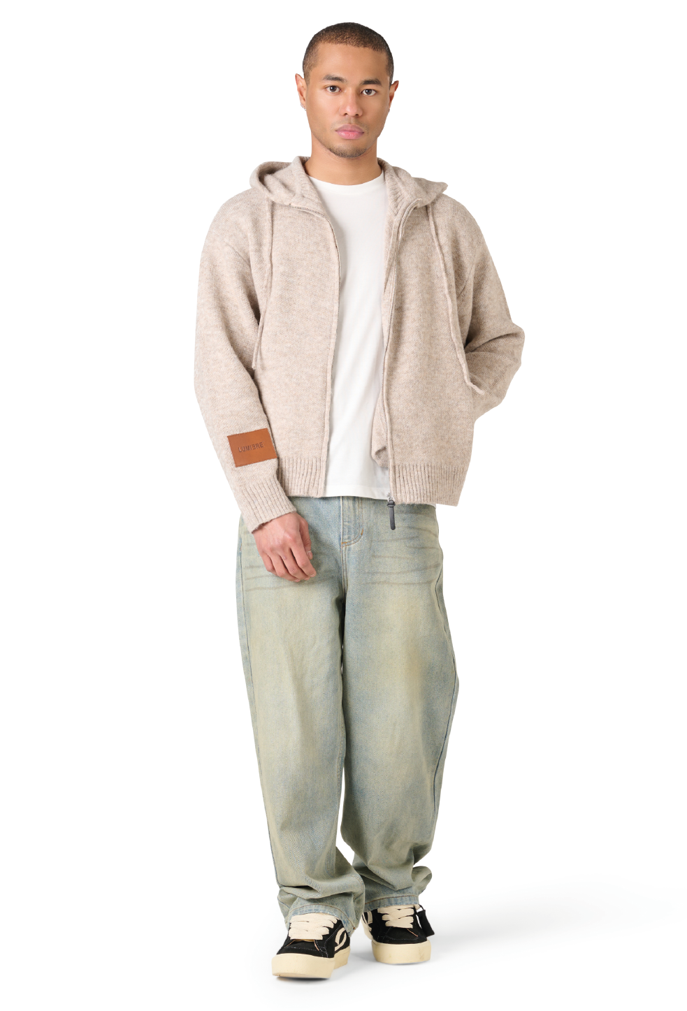 Leather Patch Knitted Hooded Sweater Beige