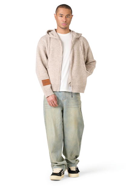 Leather Patch Knitted Hooded Sweater Beige