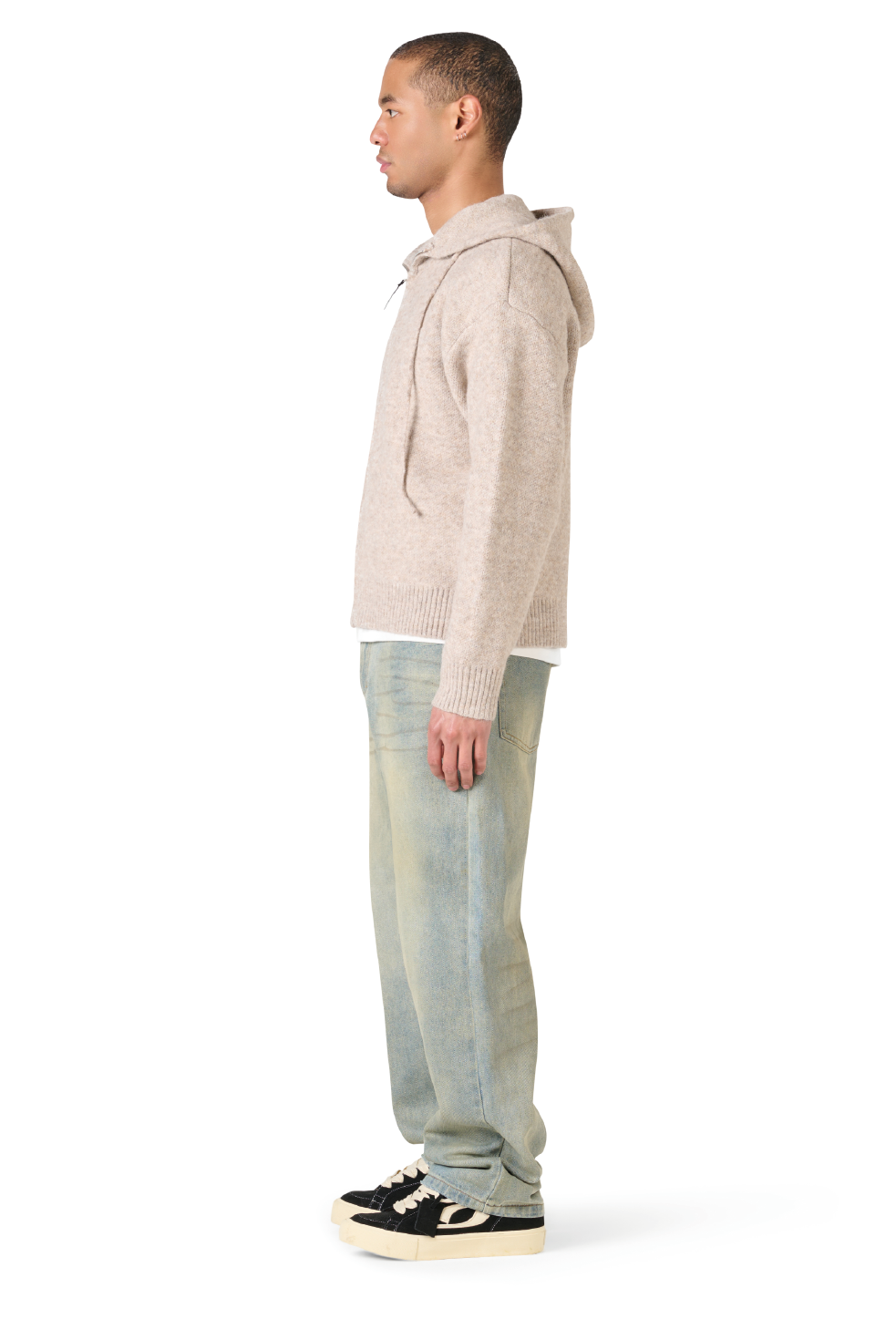 Leather Patch Knitted Hooded Sweater Beige