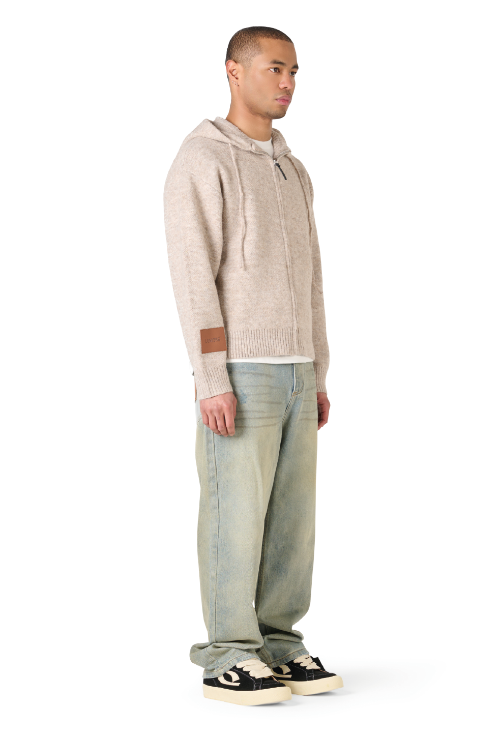 Leather Patch Knitted Hooded Sweater Beige