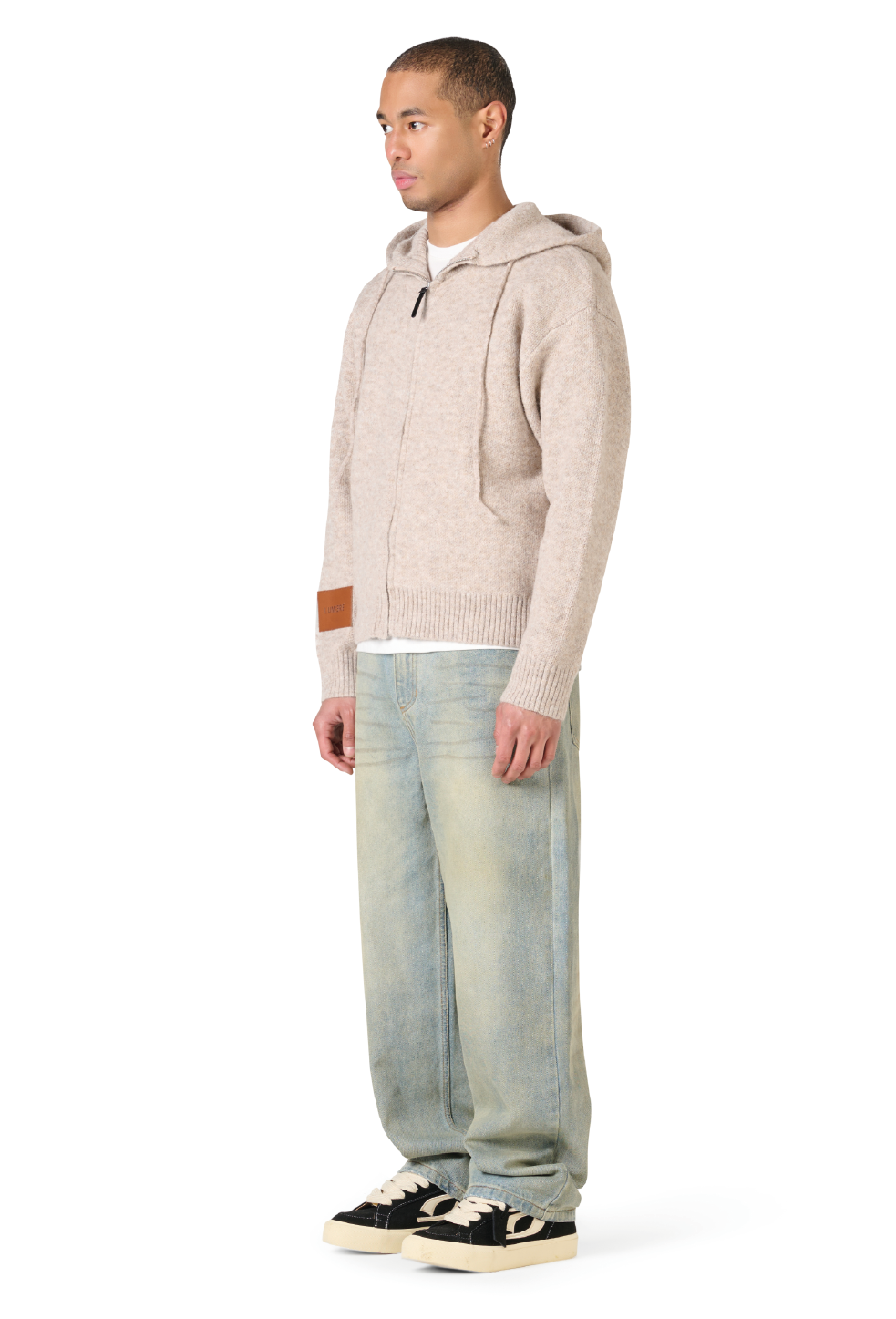Leather Patch Knitted Hooded Sweater Beige