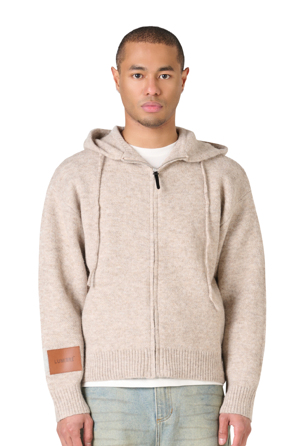 Leather Patch Knitted Hooded Sweater Beige