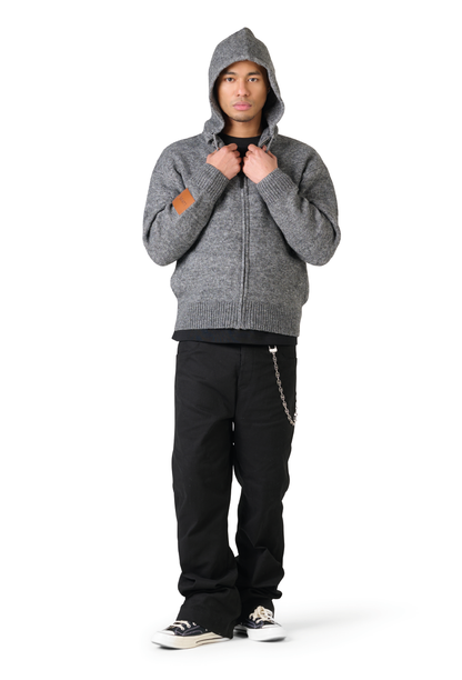 Leather Patch Knitted Hooded Sweater Black-Grey