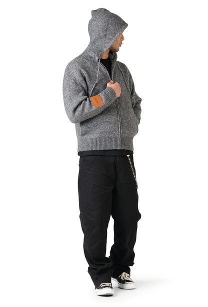 Leather Patch Knitted Hooded Sweater Black-Grey