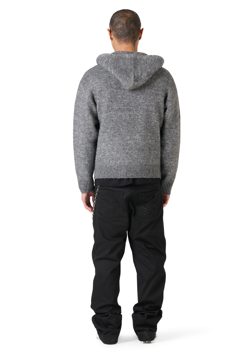 Leather Patch Knitted Hooded Sweater Black-Grey