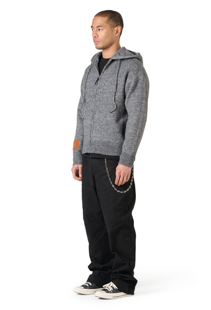 Leather Patch Knitted Hooded Sweater Black-Grey